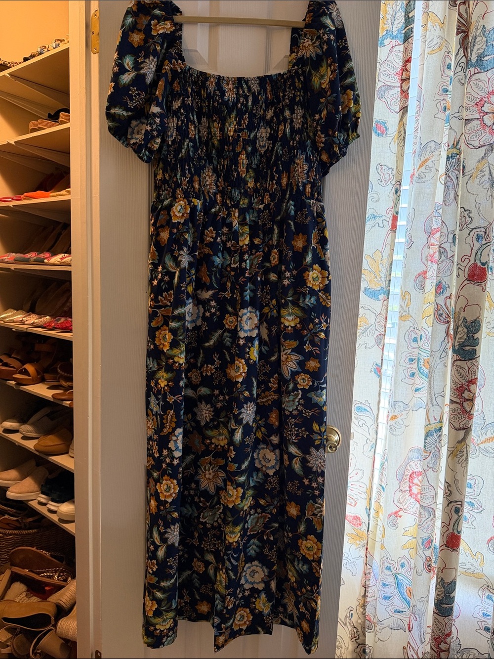 Women’s Navy Floral Smocked Midi Dress